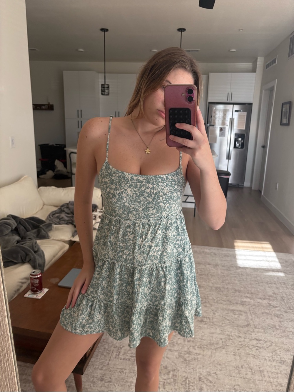Women’s Green Floral Tiered Mini Dress - Strappy Summer Dress
